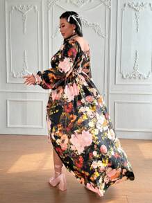 Lyrianda Plus Size Square Collar Floral Oil Painting Print Long Sleeve Drawstring Ruched Vintage Elegant Palace Style Maxi A-Line Dress For Party & Occasion
