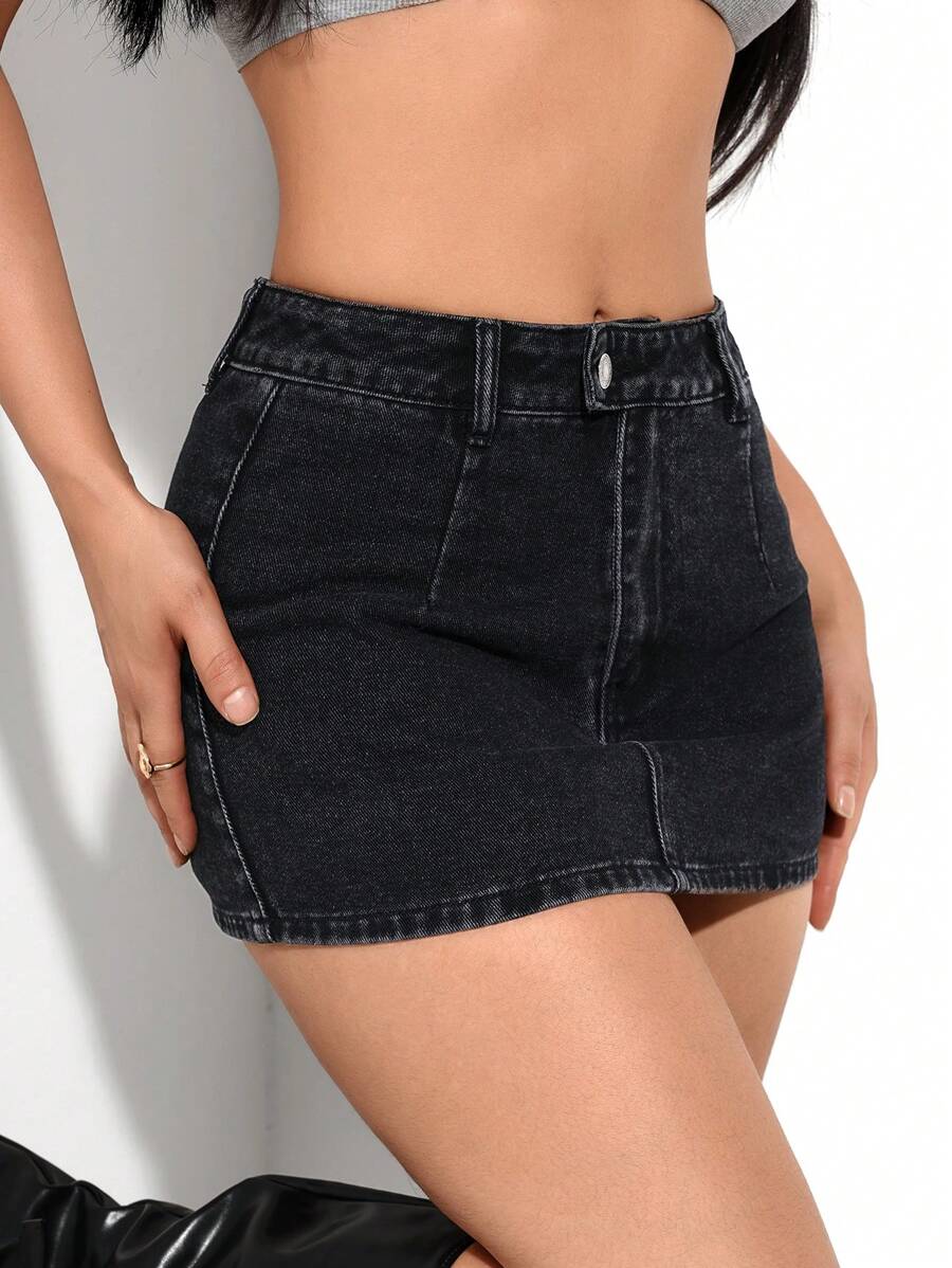 SHEIN PETITE Women Button Decor Bodycon Casual Denim Skirt - Black - View 1