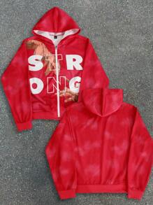 Manfinity EMRG 秋季男士字母印花拉链领休闲长袖连帽衫 - 紅色 - 查看 4