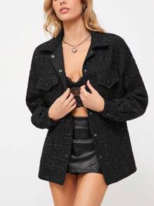 SHEIN EZwear Áo khoác hoodie midi rộng rãi màu đen trơn đơn giản dành cho nữ, phù hợp cho mùa thu và đông - màu đen - Xem 3