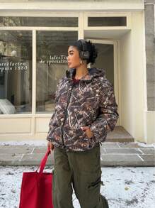 SHEIN EZwear 1pc Women All-Over Print Hooded Zipper Up Cotton Padded Padded Coat - Multicolor - View 6