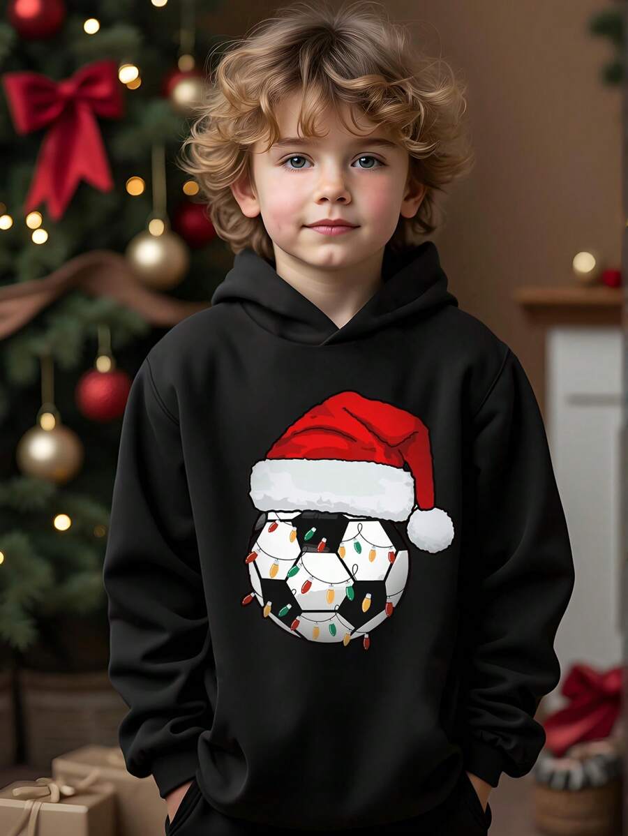 SHEIN Tween Boy Christmas Hat Print Loose Fit Long Sleeve Pullover Hoodie Sweatshirt Clothes, Autumn/Winter - Black - View 1