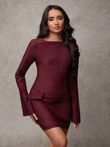 SHEIN BAE Váy mini mỏng tay chuông màu đỏ tía thanh lịch cho nữ Váy dạ hội Váy dạ hội ngắn mùa thu cho nữ Váy đỏ tía cho nữ Váy công sở thường ngày mùa thu cho nữ Váy dài đến đầu gối cho nữ Trang phục Giáng sinh mùa thu cho nữ/Váy công sở Siren/Váy trang trọng/Váy lễ tạ ơn cho nữ/Váy mini tay dài/Váy Giáng sinh cho nữ/Váy đỏ tía - Màu Đỏ Sâu - Xem 3