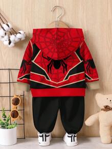 SHEIN Baby Boy Casual Minimalist Loose Comfortable Knit Soft -Style Spider Graphic Print Hoodie And Pants Set, Suitable For Autumn/Winter