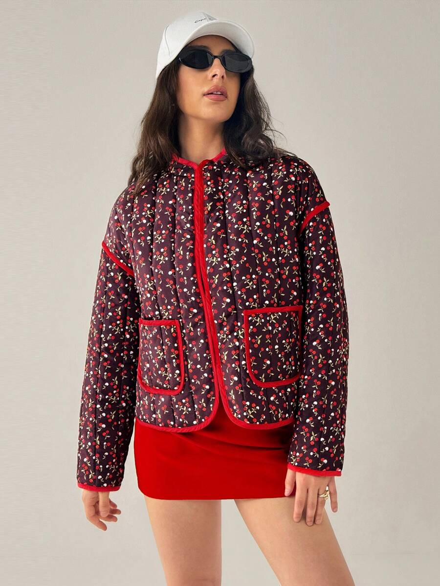 Forever 21 女士休闲碎花撞色滚边贴袋加厚外套,冬季 - 彩色 - 查看 1