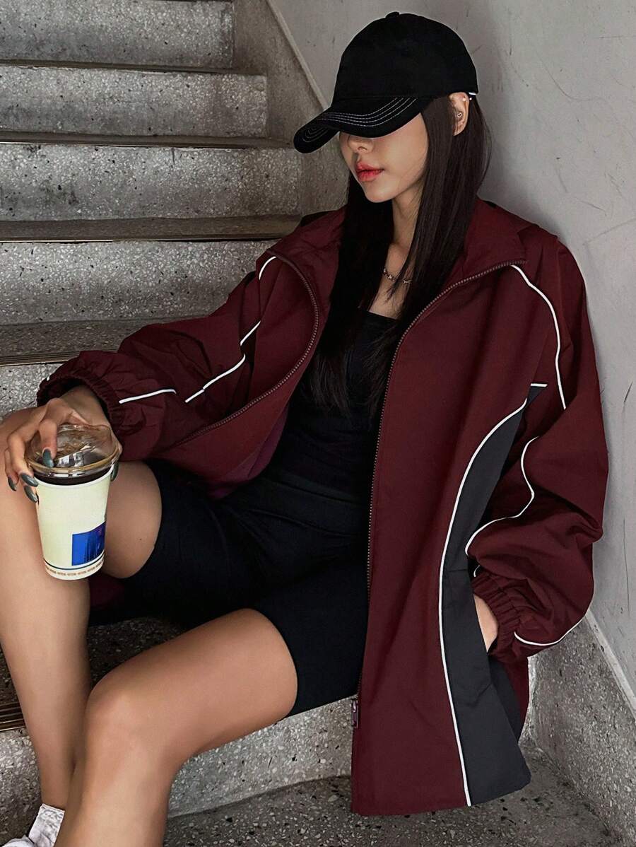 DAZY 1件装女士撞色夹克，休闲时尚，适合日常穿着，秋季女装外套 - 酒紅色 - 查看 1