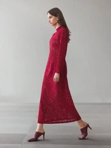 Ontre Women's Deep Red Lace Backless Fitted Long Sleeve Elegant Party Dress For Christmas & New Year - Red - View 5
