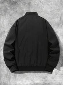 Manfinity Campus Court 男士休闲前拉链字母图案长袖飞行员夹克，外出黑色长袖夹克，送给朋友、丈夫、男友的礼物，适合秋冬季节，朋克风，保暖内衬夹克 - 黑色 - 查看 2