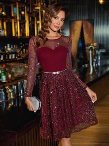 SHEIN Clasi Vestido de malla transparente de longitud hasta la rodilla, de manga larga con brillo en color burdeos, adecuado para fiestas, reuniones y uso diario. Ropa para Navidad, atuendo para Acción de Gracias, vestido de Navidad, vestido de Nochevieja para mujer - Burdeos - Ver 1
