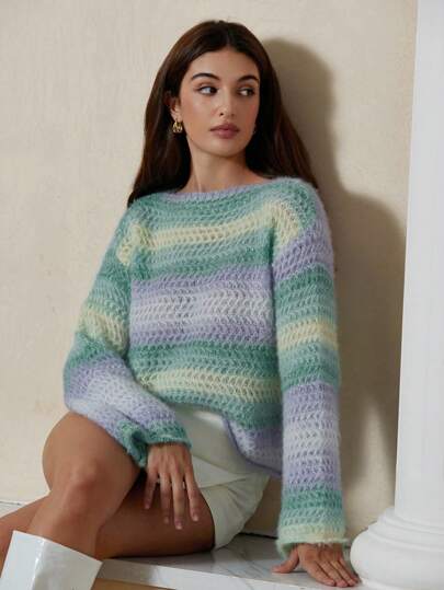 Chiquease 休闲宽松针织彩虹渐变柔软舒适套头毛衣，法式风格超大款针织套头衫，秋冬款