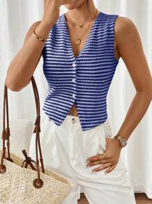 SHEIN Frenchy Women's Striped Print V-Neck Buttoned Front Sleeveless Tank Top Summer Casual Blue - Blue - View 3