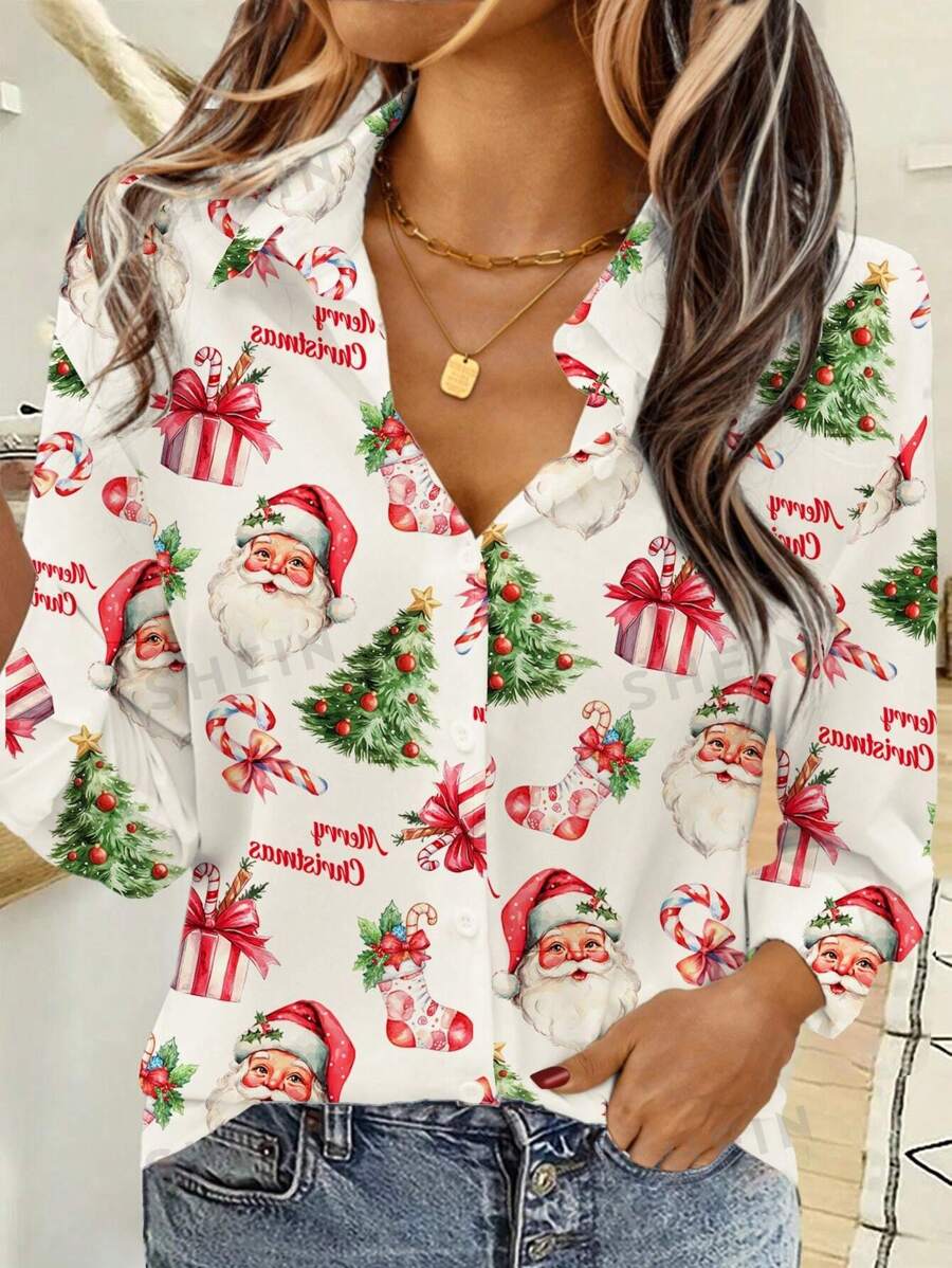 EMERY ROSE Camisa holgada de mujer de manga larga con diseño minimalista navideño, adecuada para otoño/invierno
