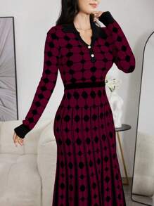 Modelyn Women's Elegant Oversized Pattern V-Collar Flared Maxi Sweater Dress - Burgundy - View 5