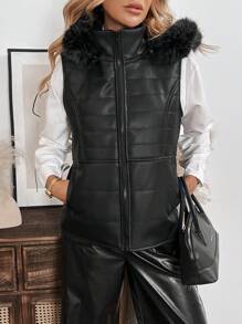 SHEIN LUNE Winter Jacket , Hooded PU Vest With Removable Hood Black Jacket