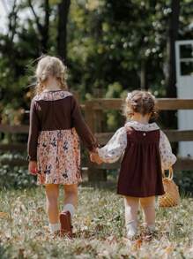 SHEIN 2 pièces Top à manches longues avec col volant fleuri et robe en velours côtelé brodée, tenue pour bébé fille. Automne/Hiver - Marron - Voir 3