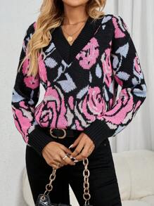 SHEIN LUNE Women Floral Printed Loose Fit V-Neck Long Sleeve Sweater, Autumn/Winter Knit Pullover Fall - Black - View 4