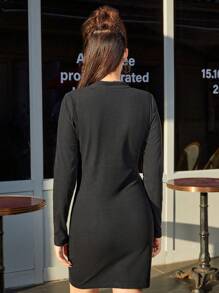 SHEIN Elegant Casual Black Knit Half-Zip Mock Neck Bodycon Mini Dress For Juniors, Suitable For Everyday Or As A Base Layer, Long Sleeve, Spring & Autumn - Brown - View 6