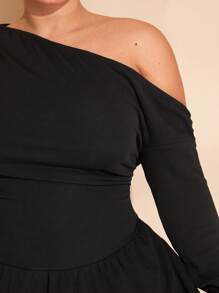 SHEIN BAE Plus Size Curve Women's Black Brushed Warm Asymmetrical One Shoulder Long Sleeve Layered Ruffle Bubble Mini Dress Winter Women Clothes Christmas Women Clothes Thanksgiving Women Outfit Fall Women Clothes Party Women Dresses Sundress Elegant Women Dresses Formal Dress Fall Women Outfits Elegant Dress Birthday Outfit