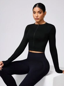 Easithlete Easithlete 无缝拉链夹克，适合瑜伽、健身、户外跑步、时尚分层 - 黑色 - 查看 7