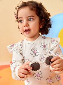 SHEIN Bộ quần ống đứng vải nhung kẻ in hình mặt và hoa cho bé gái mùa thu/đông, thích hợp mặc khi chơi ngoài trời và giải trí - Nhiều màu - Xem 7