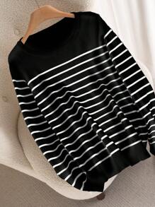 CosyJoli Plus Size Women Striped Round Neck Long Sleeve Casual T-Shirt, Autumn, For Winter Fall,Slightly Sheer