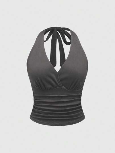 Grunge Punk Women Casual Versatile Solid Ruched Halter Neck Tank Top