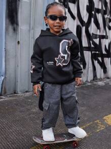 Matching Family Outfit - Young Boys Casual Sports Street Number Star Planet Hooded Black Sweatshirt, Suitable For Street-Style, Father-Son, And Siblings - Black - View 6