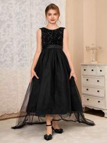 Tween Girl Wedding Formal Dress With Train, Girls Princess Tulle Gown For Runway Show, Piano Performance, Prom, Black