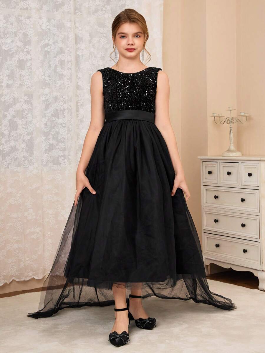 Tween Girl Wedding Formal Dress With Train, Girls Princess Tulle Gown For Runway Show, Piano Performance, Prom, Black
