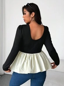 Flirla Damen Große Größen Farbblock Saum Langarm T-Shirt, Lässige Grafik Shirts Damen Tops für den Frühling - Schwarz - Übersicht 2