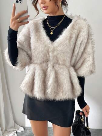 SHEIN Privé Dam Vinter Enfärgad Öppen Front Kort Lös Fluffig Jacka