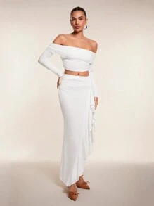 Glamine Set de 2 vestidos ajustado de manga larga asimétricos de color liso para mujer