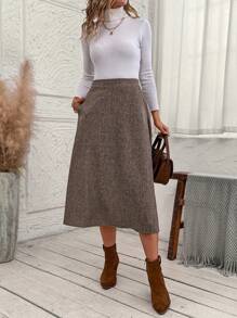 EMERY ROSE 女士休闲复古文艺风 A 字裙，秋冬 - 棕色 - 查看 4