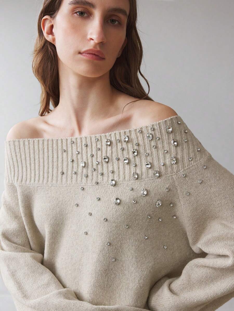 Ontre Apricot Off Shoulder Long Sleeve Maxi Sweater With Rhinestone Collar Decor, Elegant And Luxurious For Party Wear