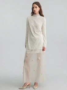 Ontre Vestido de manga larga de encaje para mujeres, con diseño de corbata, de tejido de punto acanalado, con abertura lateral, blusa elegante de cuello redondo, uso urbano y minimalista para uso diario, apropiado para otoño e invierno