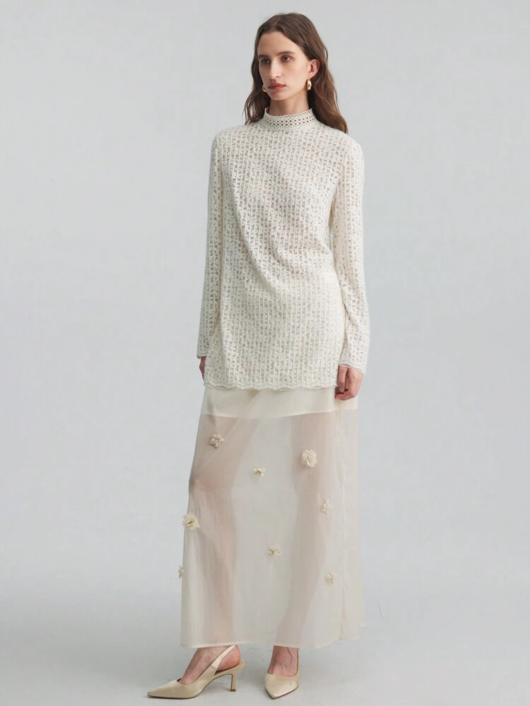 Women Lace Long Sleeve Dress, Tie Design, Ribbed Knit Fabric, Side Slit, Elegant Crew Neck Blouse, Minimalist Urban Commuting Daily Wear, Suitable For Autumn And Winter