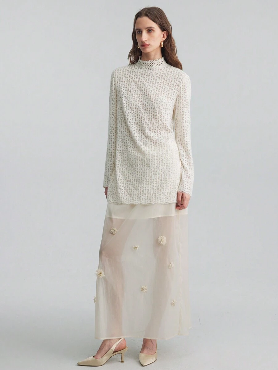 Ontre Vestido de manga larga de encaje para mujeres, con diseño de corbata, de tejido de punto acanalado, con abertura lateral, blusa elegante de cuello redondo, uso urbano y minimalista para uso diario, apropiado para otoño e invierno