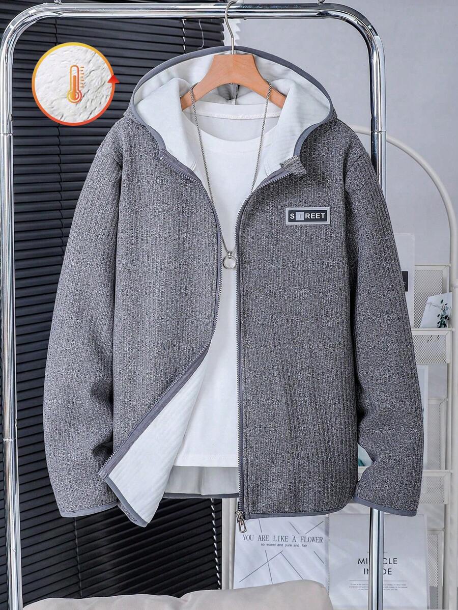 SHEIN Teen Boys Letter Patched Detail Teddy Lined Hooded Jacket Without Tee