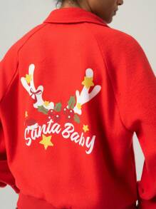 SHEIN Dewbera 1 pieza Sudadera de manga raglán de mujer con estampado de letras, forrada térmica, cálida, ropa deportiva navideña - Rojo - Ver 6