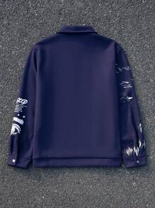 Manfinity EMRG Men's Casual Wolf Print Zipper Placket Long Sleeve Jacket, Autumn - Navy Blue - View 2