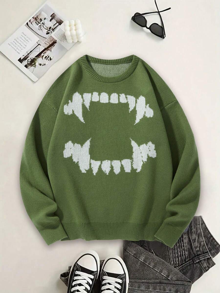 Claim Dot Men's Shark Tooth Graphic Crew Neck Long Sleeve Casual Sweater, Autumn/Winter - Army Green - View 1