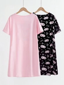 2pcs Teenage Girls Minimalist Elegant Eyelash Print Crew Neck Short Sleeve Nightgown + Loungewear Set - Multicolor - View 2