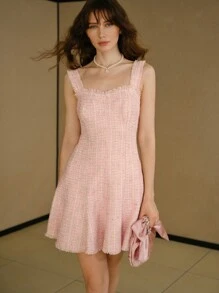 MOTF STUDIO TWEED RAW EDGE FLARE HEM SHORT DRESS, NEW YEAR OUTFIT - Pink - View 5