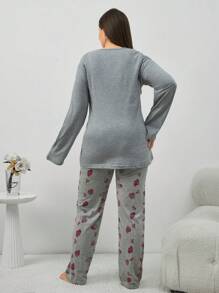 EURMUSE 100% Cotton 2Pcs Contrast Colour Heart Printed PJ Set - Grey - View 2