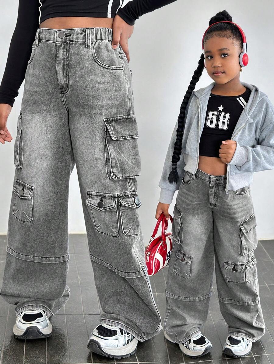 SHEIN Explorewe Tween Girl Plain Denim Jeans With Pockets, Casual Versatile - Light Grey - View 1
