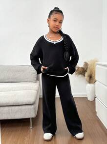 Tween 女童宽松休闲简约舒适圆领套装 - 毛衣和裤子，蝴蝶结装饰 - 黑色 - 查看 1