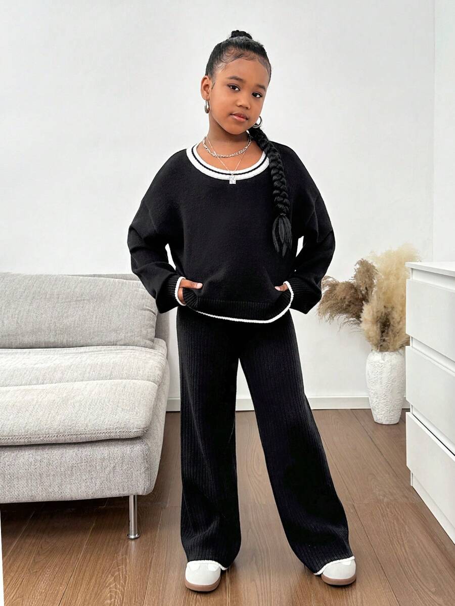 Tween 女童宽松休闲简约舒适圆领套装 - 毛衣和裤子，蝴蝶结装饰 - 黑色 - 查看 1