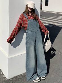 DAZY Women's Casual Denim Bib Pants, Minimalist Fashion, Everyday Wear - Medium Wash - View 6