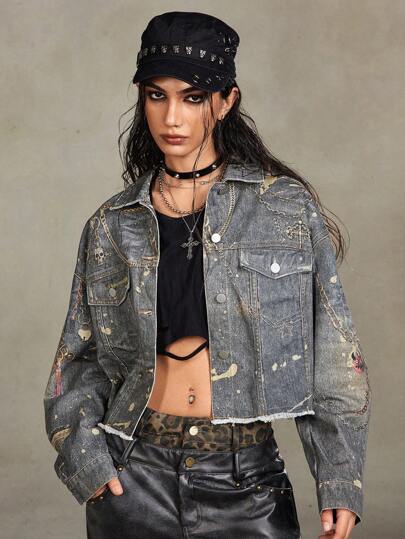 Grunge Punk Chaqueta vaquera sobretalla unisex de estilo callejero con estampado digital de muñeca con cadena de metal estilo punk grunge