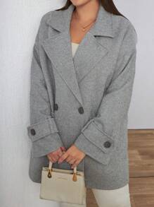 RueChic Plus Size Women's Lapel Neck Drop Shoulder Double Button Overcoat, For Winter - Light Grey - View 5